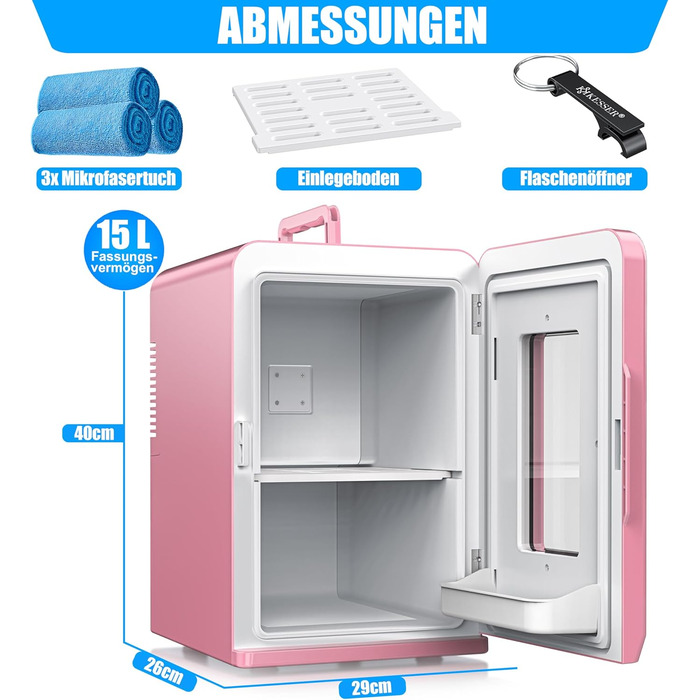 KESSER® Міні холодильник/термобокс 2в1, 15л, рожевий. Охолодження та підігрів, AC/DC, для авто, офісу, дому, кемпінгу.
