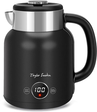 Електрочайник Taylor Swoden Asher з регулюванням температури 45-100°C, 1.7 л, ретро стиль, нержавіюча сталь, 2200 Вт, чорний, функція підтримки тепла