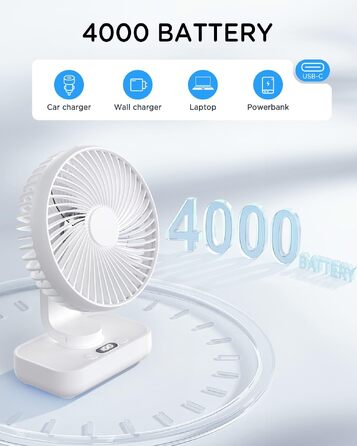 EasyAcc Настільний вентилятор USB з акумулятором, автоматичне обертання, 4 швидкості, портативний для дому, офісу, бібліотеки, кемпінгу - Чорний