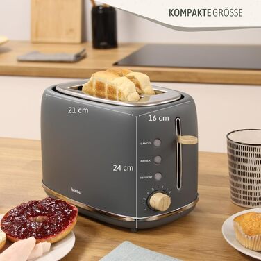 Тостер Briebe Nordic Set 2-слотовий з підставкою для булочок, 6 рівнів підсмажування + Електричний чайник 1.7л 2200Вт, Швидке нагрівання, BPA-free, Сірий