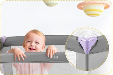 Дитяче ліжечко-манеж Ricokids, складане, 125x65x78 см, 15 кг, з матрацом і колесами, бічний вхід, світло-сірий та лавандовий