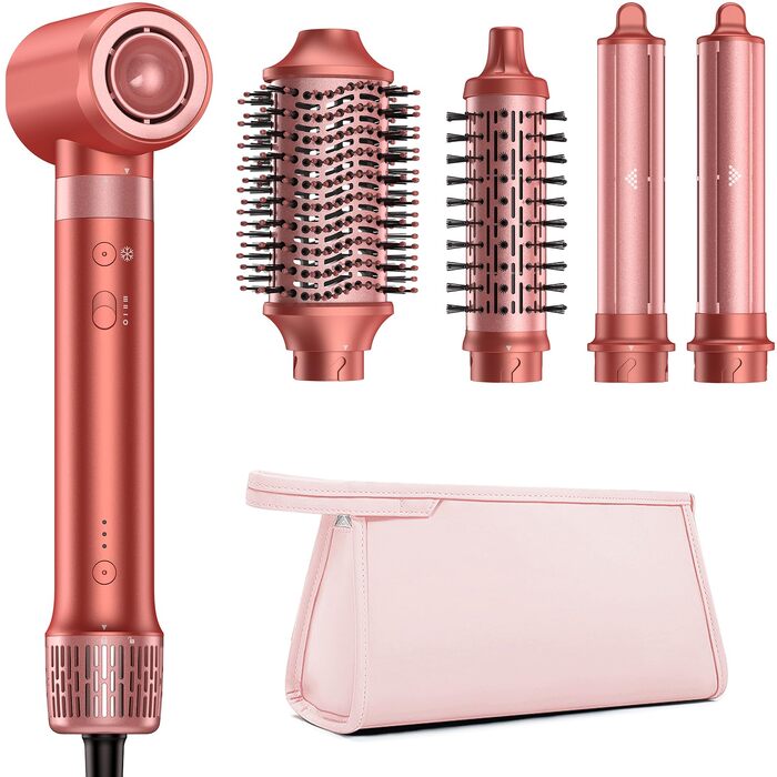 HITTIONA 5-в-1 Airstyler + Фен-щітка для волосся з іонізацією 110 000 об/хв, Автоматичний локон, Без термопошкоджень, Швидке сушіння та об'єм, Професійний стайлер для всіх типів волосся + Чохол для подорожей, Колір: Вишнево-червоний
