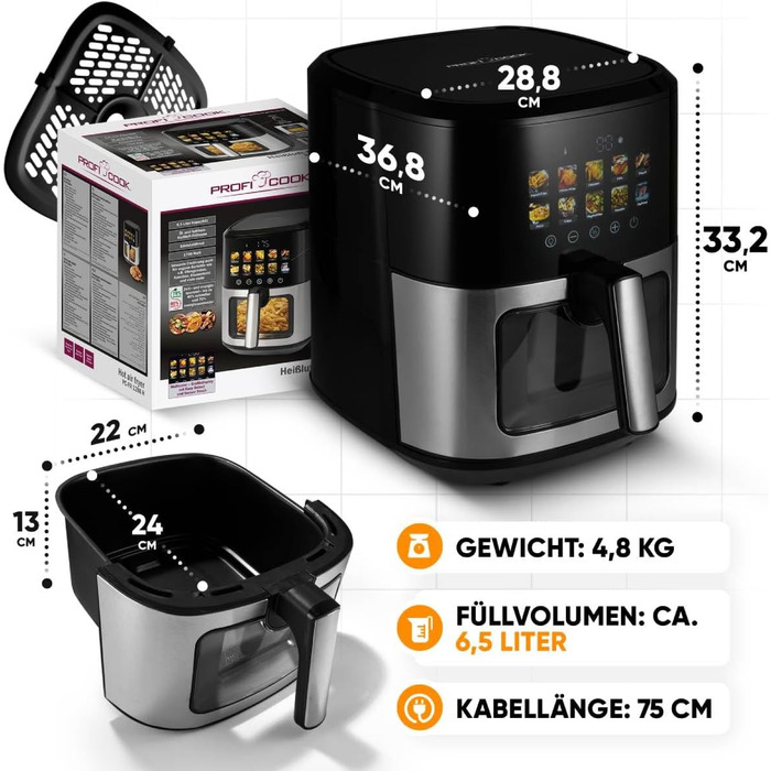 Аерофритюрниця ProfiCook 6,5 л з кольоровим дисплеєм, 9 програм, 1700 Вт, без олії, нержавіюча сталь, модель 2024