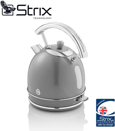 Електрочайник Swan Retro 1,8 л, 3000 Вт, вінтажний дизайн, Strix, бездротовий, BPA-free нержавійка, сірий