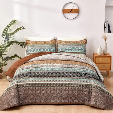 Покривало WONGS BEDDING Boho 220x240 см, стьобане, мікрофібра, 3 предмети: покривало і 2 наволочки 50x75, блакитне, для двоспального ліжка, спальня або диван