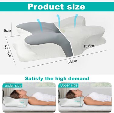 Ортопедична подушка з піни Memory Foam для шиї та голови 63x42.5x13.8/9 см, ергономічна для сну на боці, спині та животі