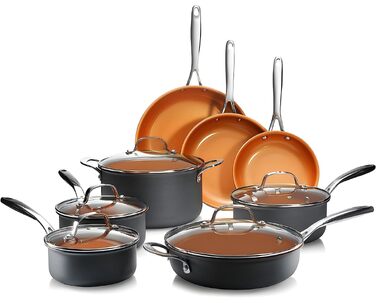 Набір посуду GOTHAM STEEL Pro Harteloxiert 13 предметів: преміум антипригарне покриття з кераміки та титану, для плити та духовки, коричневий