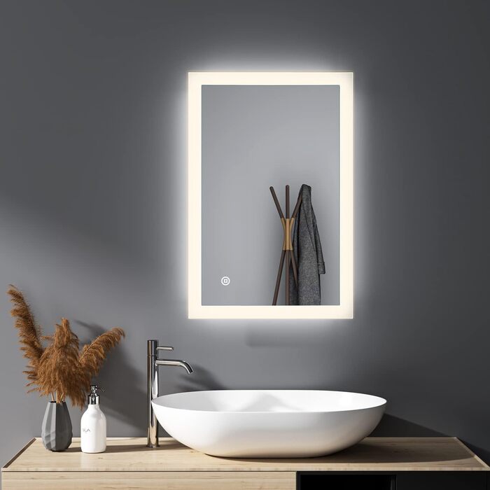 LED дзеркало для ванної кімнати з підсвічуванням 40x60 см, сенсорне керування, 3 кольори світла, IP67, енергозберігаюче A++