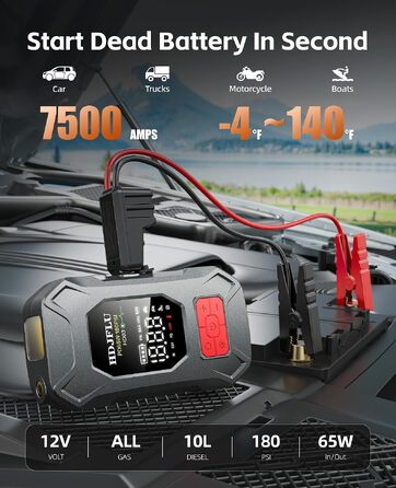 Пусковий пристрій Jump Starter 7500A з компресором 180 PSI та Powerbank 24000mAh для бензинових та дизельних авто (до 10.0L), PD65W, LED-дисплей