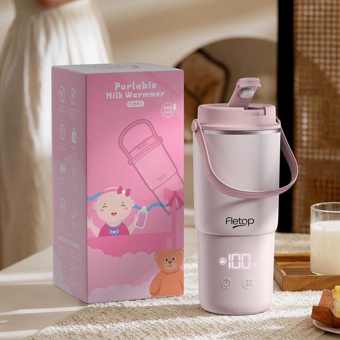 Портативний підігрівач для пляшечок Baby 120W, рожевий: швидкий нагрів за 2 хв, стерилізація паром, 8 режимів, акумулятор 18000mAh для сумішей та грудного молока