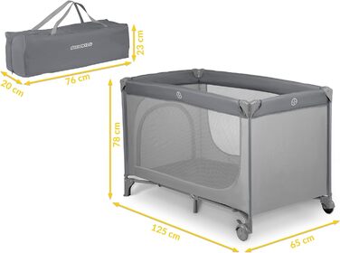 Дитяче ліжечко-манеж Ricokids, складане, 125x65x78 см, 15 кг, з матрацом, колесами з гальмами, знімний боковий вхід, сіре