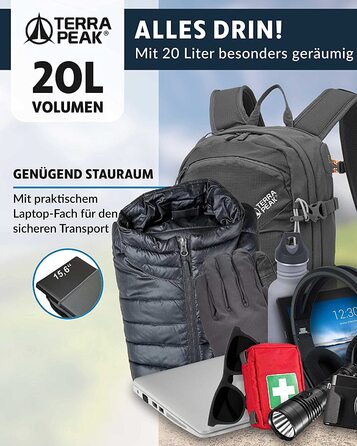 Рюкзак Terra Peak Flex 20 Premium 20 л з вентиляцією спини, питною системою та дощовиком – туристичний рюкзак з дихаючого 3D Air Mesh поліестеру з поясом на стегна для походів та активного відпочинку
