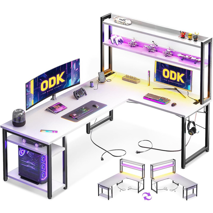 ODK Кутовий комп'ютерний стіл L-подібний з LED-підсвіткою, USB зарядкою та розеткою, білий, для геймінгу та домашнього офісу, 168×120 см