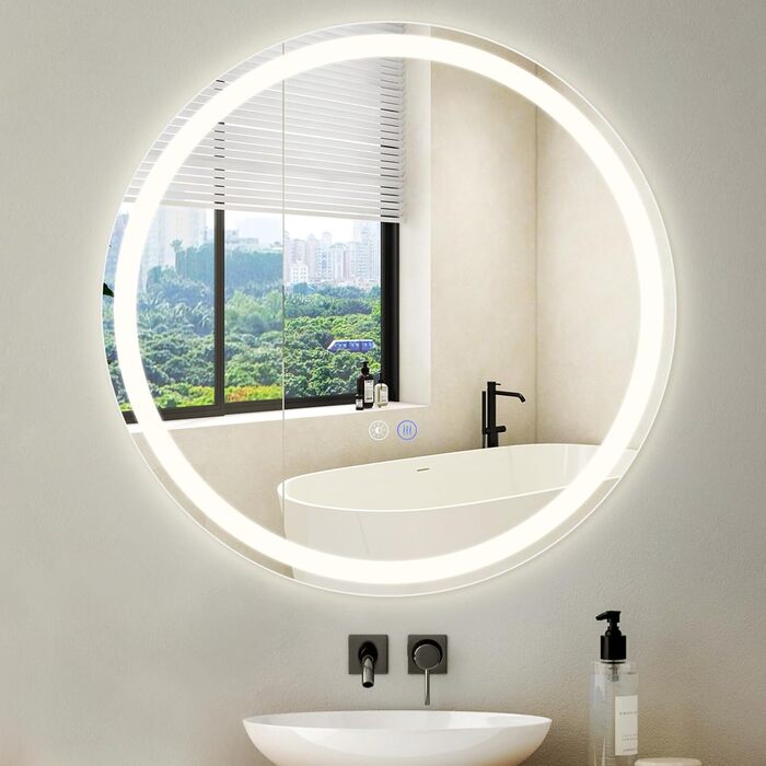 Дзеркало для ванної кімнати Mursche з підсвічуванням LED, 50x70 см, IP44, сенсорний вимикач, годинник, антизапарник, регулювання яскравості 3000K-6500K
