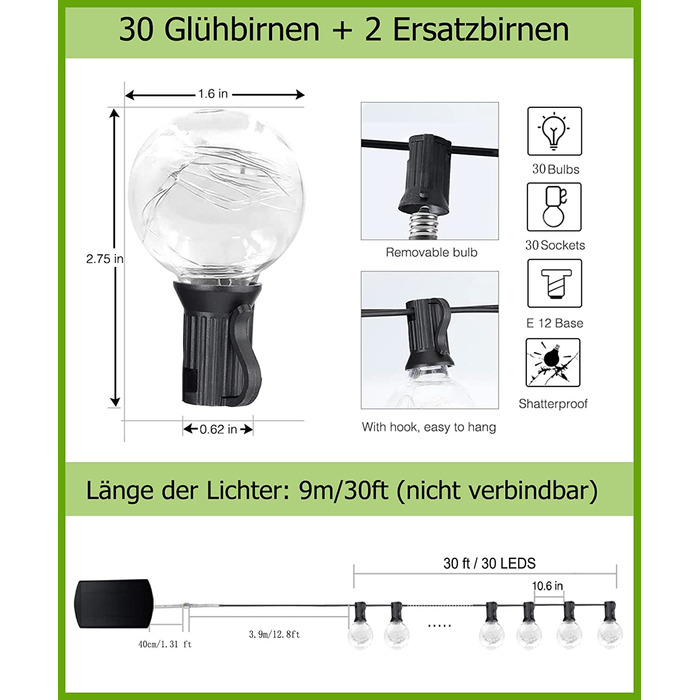 Гірлянда на 50 LED лампочок G40, 15 м, різнокольорова, водонепроникна IP65, з RGB-пультом, для вулиці, саду, балкона, весілля, вечірки, новорічного декору