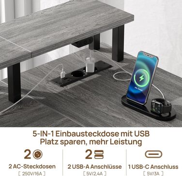Кутовий комп'ютерний стіл L-подібної форми Seventable з розеткою, LED підсвіткою, підставкою для монітора та шухлядами (сірий)