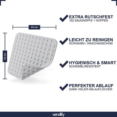 Преміум килимок для душу Vendify, нековзкий, 53x53 см, квадратний, для душу та ванни, BPA Free, з 152 присосками, стійкий до плісняви, машинне прання
