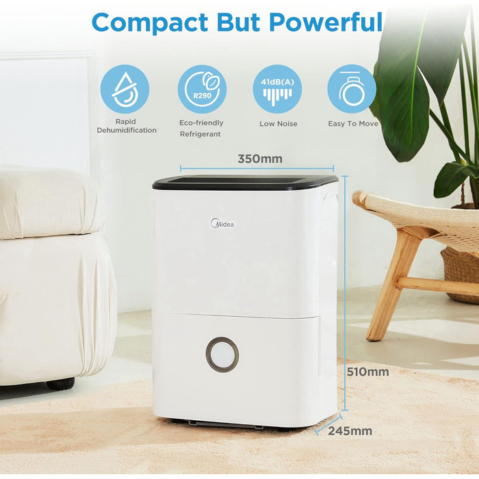 Осушувач повітря Midea DF-20DEN7-WF, 20 л/доба, для приміщень до 40 м², керування через додаток, 3 л бак, білий