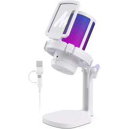 MAONO ігровий конденсаторний мікрофон для ПК, шумозаглушення, USB мікрофон для стрімінгу, подкастів, студії, з RGB підсвіткою, для PS5/PS4/Mac, сенсорна кнопка вимкнення звуку, регулятор гучності, білий
