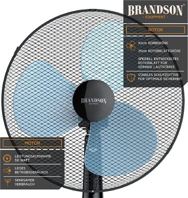 Вентилятор підлоговий Brandson 50 Вт, 40 см, регульована висота та кут нахилу 30°, 3 швидкості, коливання 80°