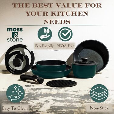 Набір посуду Moss & Stone з алюмінію (10 предметів, синій) з антипригарним покриттям, знімні ручки, індукція, для кемпінгу