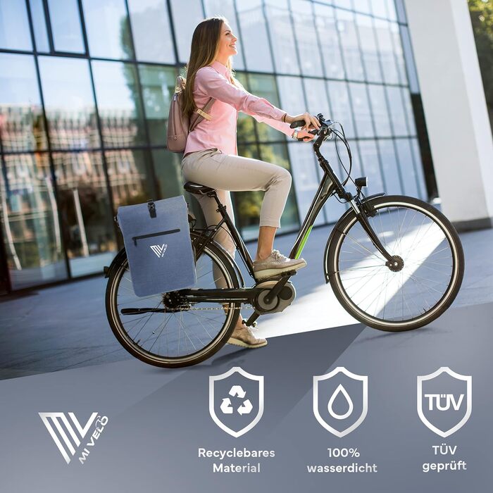 Велосумка MIVELO 3-в-1 на багажник, рюкзак та сумка через плече, водонепроникна, без ПВХ, з відділенням для ноутбука, джинсова синя