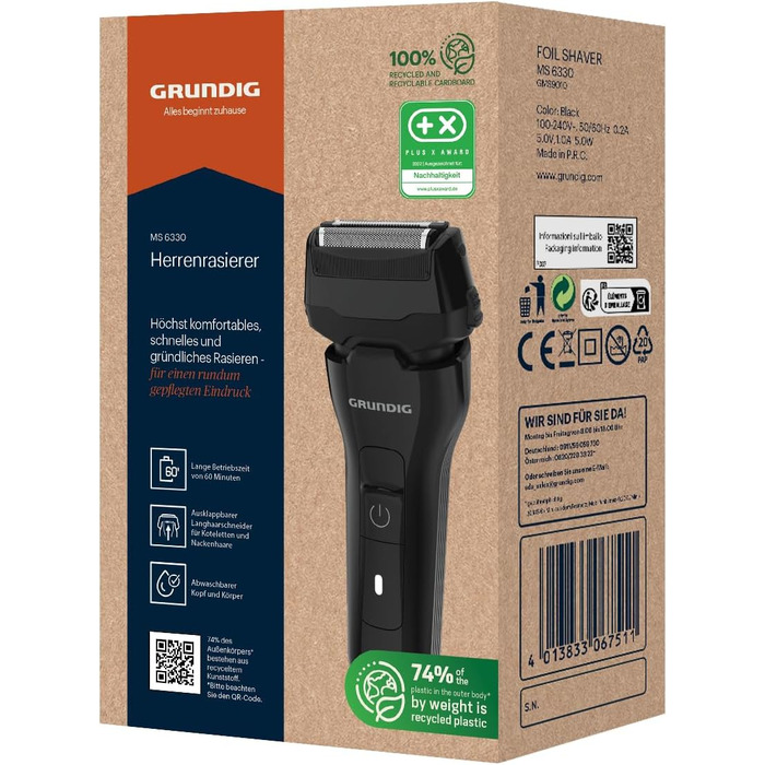Чоловіча електробритва GRUNDIG MS 6330, 60 хв роботи, висувний тример, 3-різальний блок, 74% перероблений пластик, для подорожей, чорна