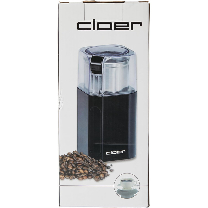 Електрична кавомолка та млинок для спецій Cloer 7580, 200 Вт, для кавових зерен, спецій, горіхів і зернових, знімний контейнер з нержавіючої сталі, чорний