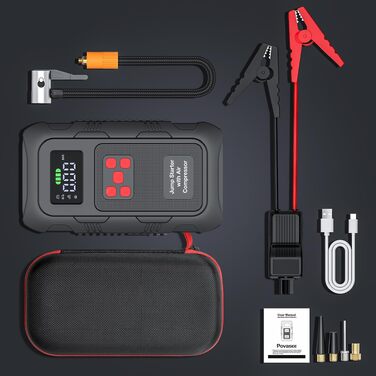 Бустер для авто Povasee Starthilfe Powerbank 5000A: пусковий пристрій для бензинових та дизельних двигунів (до 10л), 12V, з LCD-дисплеєм, 2 USB-портами та LED-ліхтарем, чорний