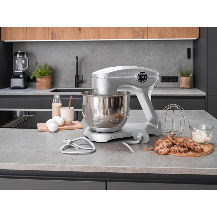 Кухонний комбайн KLAMER 1800W — планетарний міксер для тіста з чашею з нержавіючої сталі 6л, 10 швидкостей, таймером та набором насадок (гак, вінчик, міксер), сріблястий