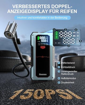 Бустер для авто Starthilfe Powerbank 6000A: пусковий пристрій з компресором 150 PSI, 12V для бензинових (до 9л) та дизельних (до 7.5л) двигунів, синій