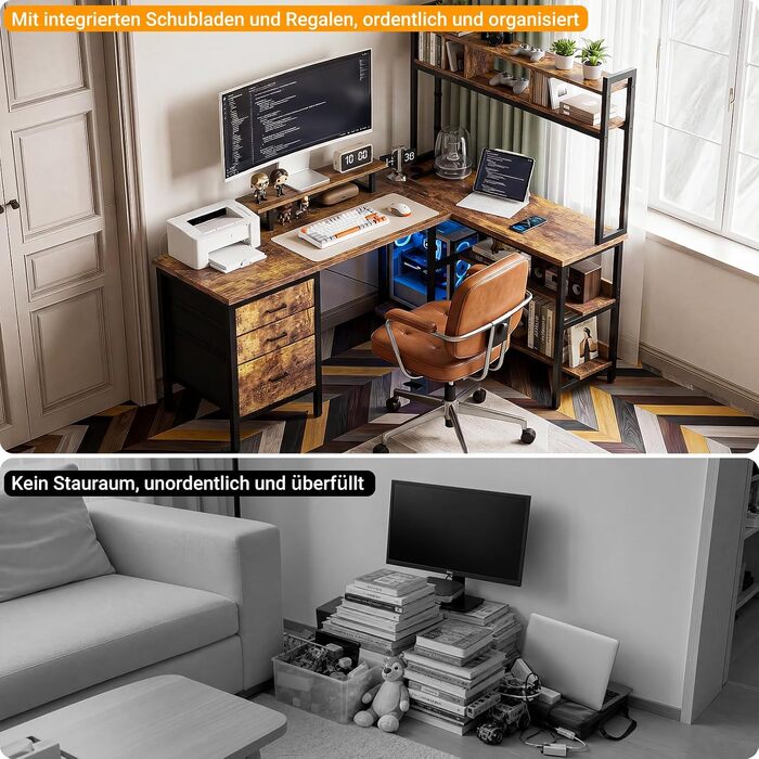 Кутовий L-подібний письмовий стіл Homieasy 150 см з LED-підсвіткою, шухлядою та розетками (USB, Type-C), підставкою для монітора та полицею A4, рустикальний коричневий, МДФ