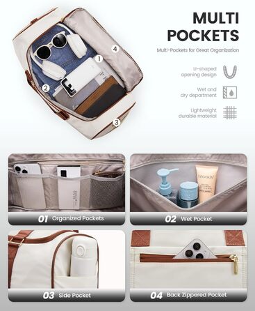 Сумка-рюкзак LOVEVOOK 37L для подорожей, вихідних, пологового будинку, спорту та фітнесу. Водостійка, з відділенням для взуття та мокрих речей, ручна поклажа для авіаперельотів (M, Бежево-чорно-коричневий)