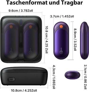 Електричні грілки для рук J-BRAUV 2 шт. з зарядним пристроєм 10000mAh, 4000mAh, 3 режими нагріву, USB, фіолетовий, компактні