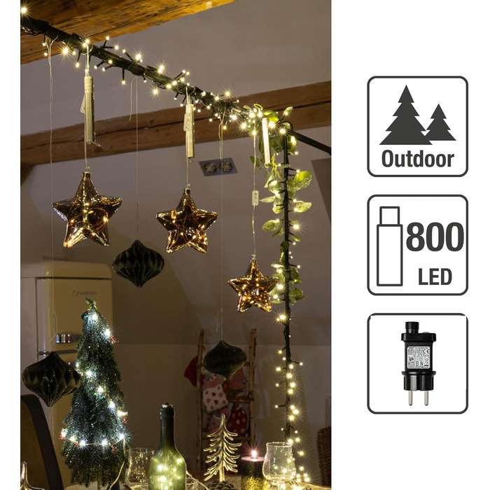 Гірлянда LED hellum 15,98 м, 800 LED, теплий білий, з таймером, для вулиці та приміщень, електрична, для ялинки, зі шнуром