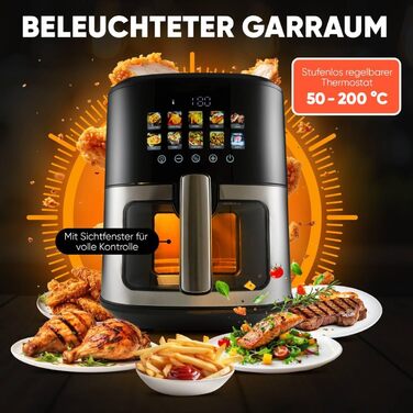 Аерофритюрниця ProfiCook 6,5 л з кольоровим дисплеєм, 9 програм, 1700 Вт, без олії, нержавіюча сталь, модель 2024