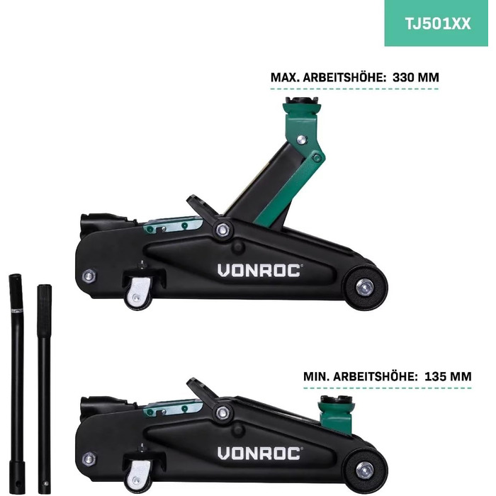 Гідравлічний домкрат VONROC 2T для авто - низькопрофільний, до 2 тонн - для заміни шин та ремонту, висота до 33 см, з подовженою ручкою