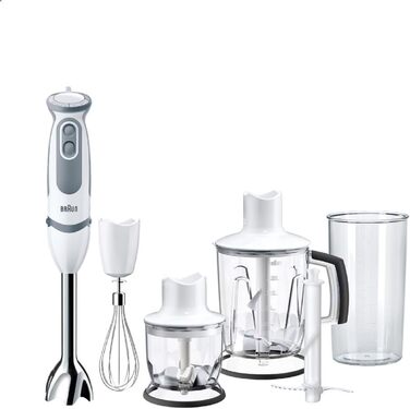 Блендер Braun MultiQuick 5 Vario MQ 5245WH, 1000 Вт, нержавіюча сталь, ручний, 4 насадки, білий/сірий