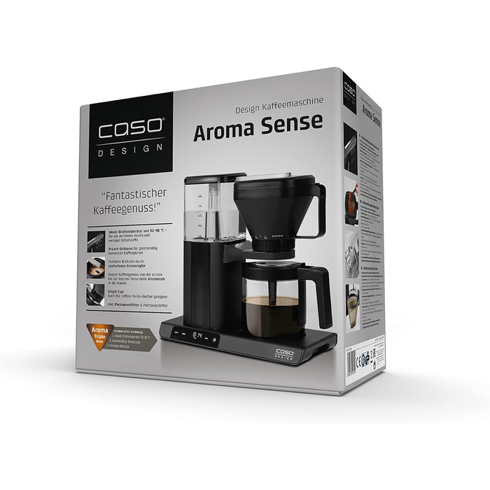 Кавоварка CASO Aroma Sense, дизайнерська, ідеальна температура заварювання 92-96°C, повне розкриття аромату завдяки аромапаличці, з титанованим сталевим постійним фільтром