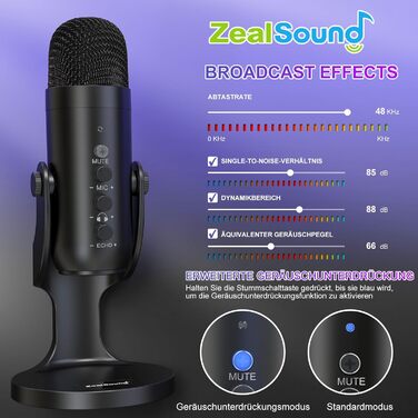 Zealsound USB конденсаторний мікрофон для ПК, смартфонів, PS4/PS5, подкастів, стрімінгу, запису, ASMR, з функціями Mute, Gain, Echo, адаптером для телефону, сумісний з Mac і Windows