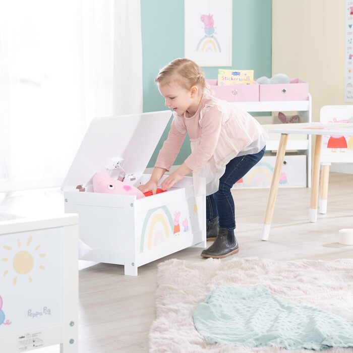 Дерев'яна іграшкова скриня-сидіння Peppa Pig для дітей, біла з рожевим малюнком, з відкидною кришкою та амортизатором