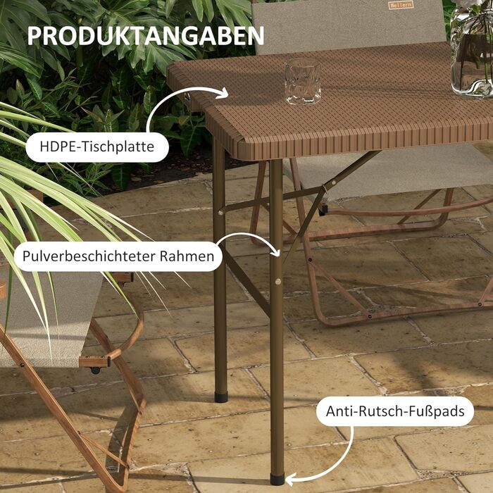 Складаний стіл Outsunny з ротанговим дизайном, для пікніка та саду, на 4 особи, HDPE, коричневий, 122x60x73 см, витримує до 50 кг, для балкона і тераси