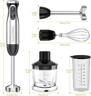 Блендер занурювальний Bonsenkitchen HB3203 4-в-1, 1000 Вт, нержавіюча сталь, з насадкою-мініподрібнювачем 500 мл та мірним стаканом 700 мл для дитячого харчування, чорний