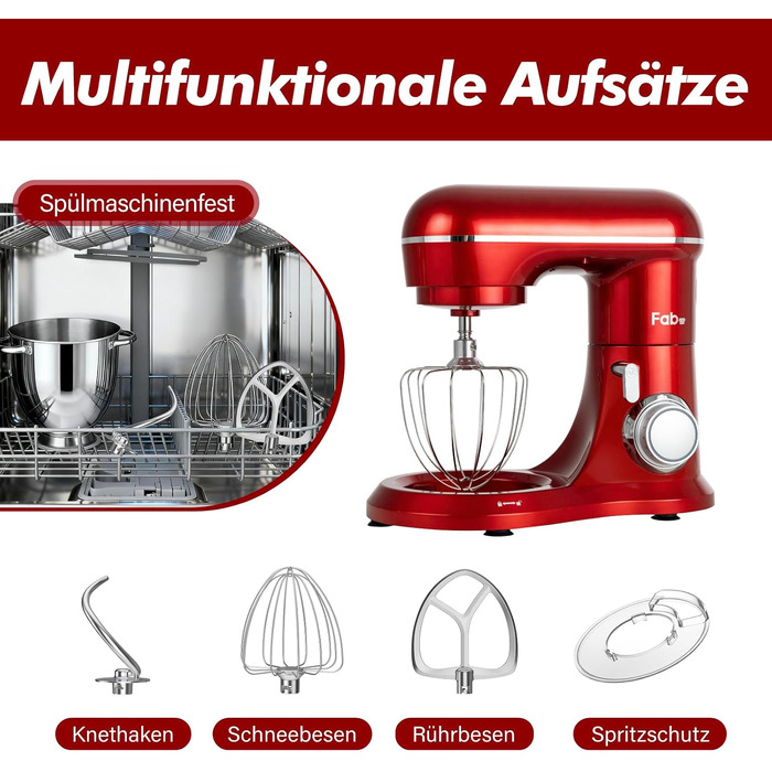 Кухонний комбайн Kitchen in the box Fab-Serie 6L: потужний планетарний міксер 1300 Вт, 10 швидкостей, з набором насадок (гак, вінчик, міксер), червоний