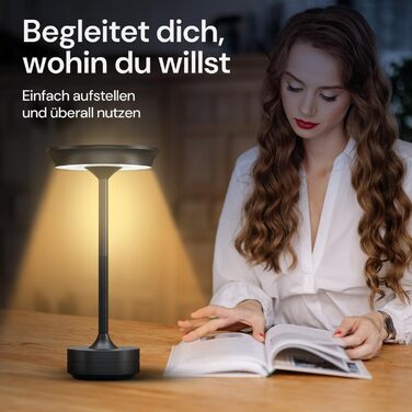LED настільна лампа Designgold бездротова - стильний дизайн з акумулятором та USB-C - 3 кольори світла та регулювання яскравості - бездротова свобода для використання в приміщенні та на вулиці - акумуляторна, чорна