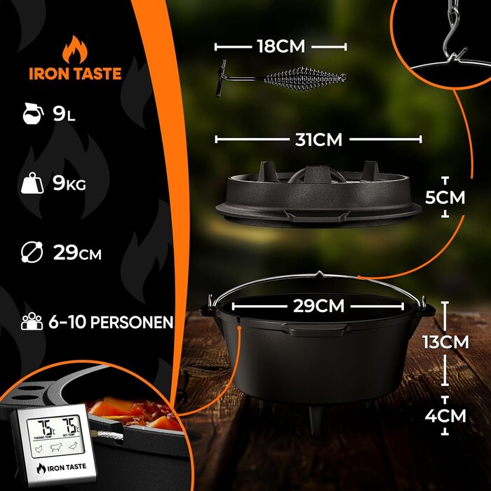 Чавунний казан Dutch Oven 9л з ніжками та знімачем кришки, набір для приготування їжі на відкритому вогні (на 6-10 осіб)