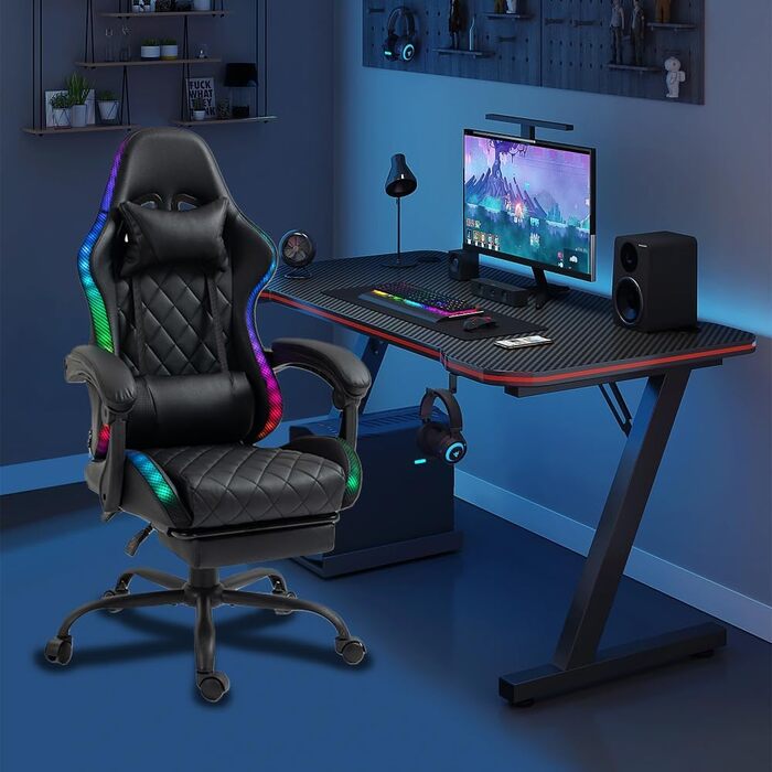 Ігрове крісло Delman Gaming з RGB LED підсвіткою, підставкою для ніг та металевою основою, чорне (02-0055)