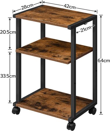 HOOBRO столик для принтера на колесах, 3 рівні, регульована висота, 42x28x64 см, з полицями та гачками, для офісу, факсу, копіра, сканера