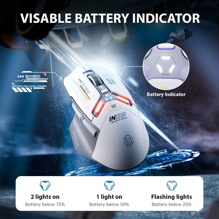 Ігрова миша inphic IN9 бездротова Tri-Mode (2.4G/Bluetooth/Type-C), 10000 DPI, RGB-підсвітка, програмована, акумуляторна, сіро-біла