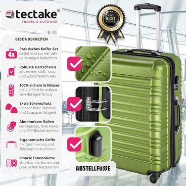 Набір валіз tectake 4 шт., жорсткий ABS пластик, дорожні валізи на 4 колесах, 360° обертання, телескопічна ручка, зелений